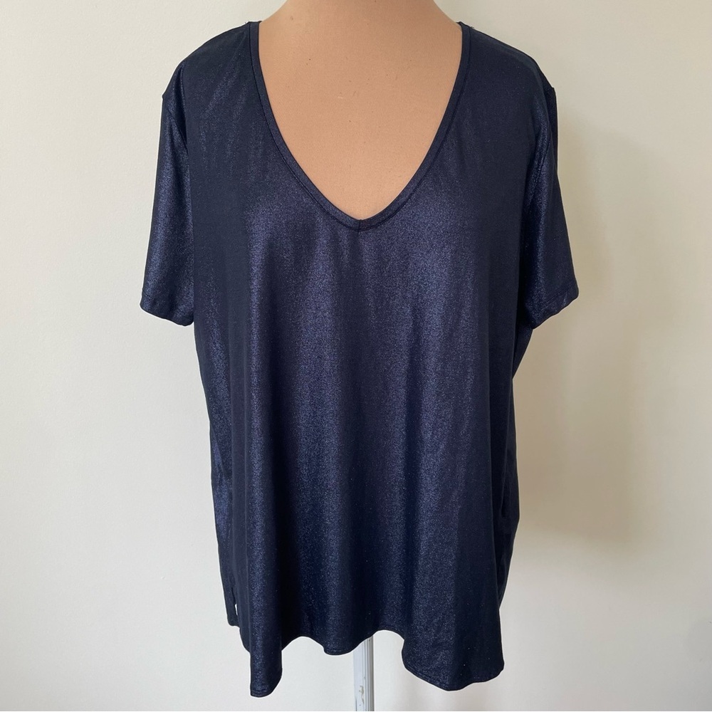 Majestic Filatures Metallic-Threading Blue V-Neck Short Sleeve T-Shirt NWT 4/XL